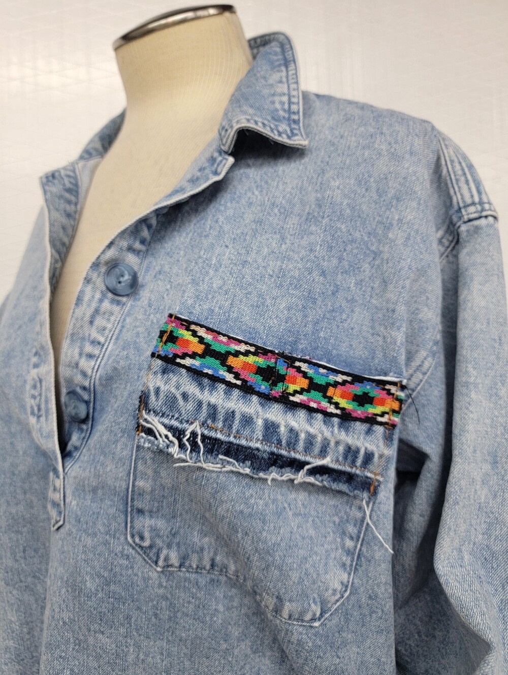 Western Denim Fringe Pullover Tunic Shirt Jacket with Western Cat - Upcycled - Picture 8 of 10